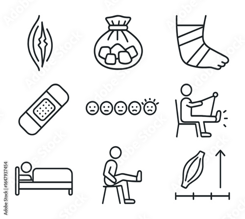 Muscle Recovery Icons. Outline icon set of muscle strain and healing: torn muscle icon, ice pack, compression