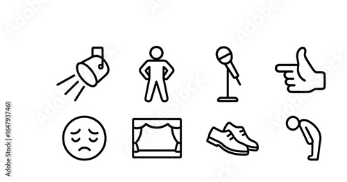 Stage Performance Icons. Outline icon set of stage performance skills: spotlight, confident stance, microphone