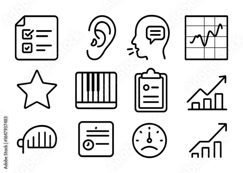 Feedback and Vocal Icons. Outline icon set of feedback and vocal assessment: evaluation sheet, listening ear,