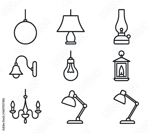 Retro Lighting Icons Grid. Outline icon set of retro lighting styles: globe pendant, fabric lampshade, oil