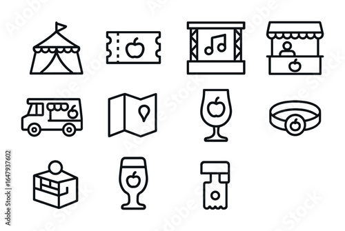 Cider Festival Icons. Outline icon set of cider festival icons: cider tent, tasting ticket, music stage,