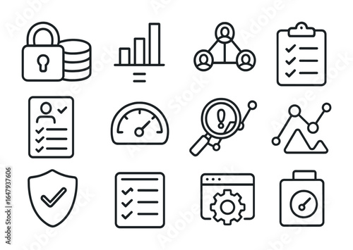Responsible AI Icon Set. Outline icon set of responsible AI development: secure data icon, fairness chart,