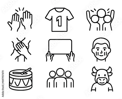 Team Spirit Icons. Outline icon set of team spirit elements: high five, custom shirt, group chant, hand stack,
