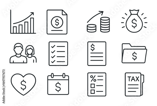 Retirement Tax Icons. Outline icon set of retirement tax strategies: tax bracket chart, RMD icon, Roth