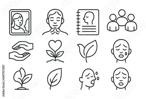 Emotional Healing Icons. Outline icon set of emotional healing journey: self-reflection mirror, calm breath