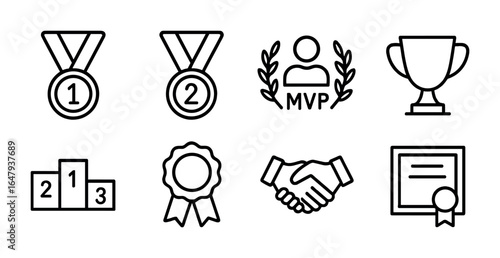 Tournament Awards Icons. Outline icon set of tournament awards and recognition: gold medal, silver medal, MVP