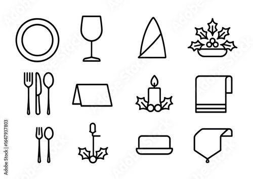 Holiday Table Icon Set. Outline icon set of holiday table setting: dinner plate, wine glass, napkin fold,