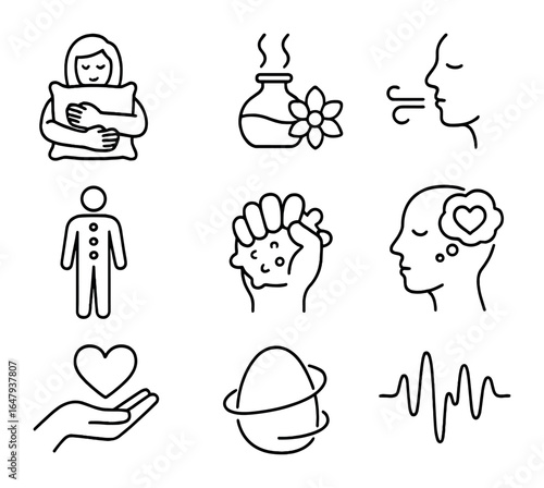 Self-Soothing Icon Set. Outline icon set of self-soothing strategies: hugging pillow, calming scent, breath