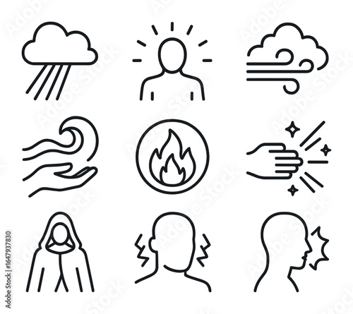 Gods' Power Icons. Outline icon set of gods' powers and abilities: light ray, control aura, divine wind, water