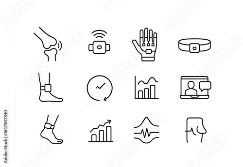 Rehabilitation Wearables Icons. Outline icon set of rehabilitation and therapy wearables: joint tracker,