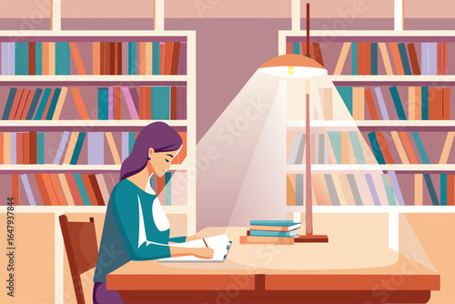 Studentka przy biurku w bibliotece – nauka, notatki i skupienie przed egzaminem