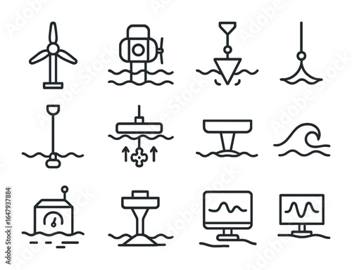 Ocean Energy Icon Set. Outline icon set of ocean renewable energy systems: tidal turbine, underwater generator