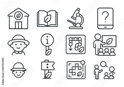 Eco Education Icons. Outline icon set of environmental education tourism: learning center, nature book,