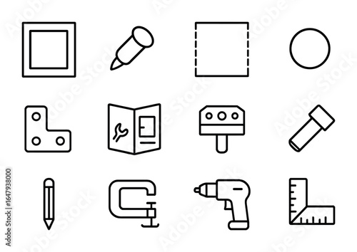 Cabinet Making Icons. Outline icon set of cabinet making: shaker door, shelf peg, cabinet back panel, screw