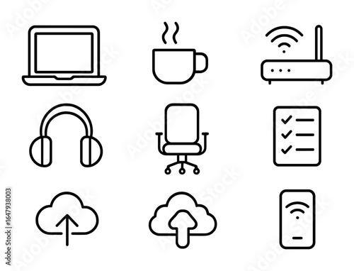 Remote Work Essentials. Outline icon set of remote work essentials: laptop, coffee cup, Wi-Fi router,