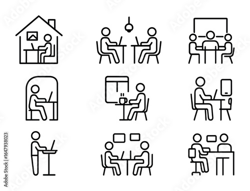 Workspace Icon Set. Outline icon set of workspace types: home office, coworking space, meeting room, focus