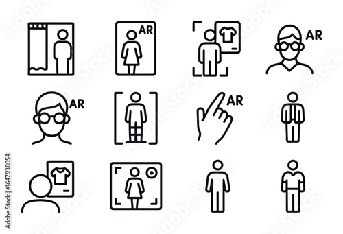 Augmented Reality Fashion Icons. Outline icon set of augmented reality in fashion: AR fitting room, smart