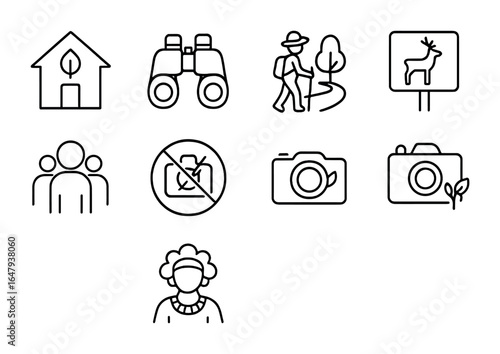 Sustainable Tourism Icons. Outline icon set of sustainable tourism: eco lodge, binoculars, guided trail,