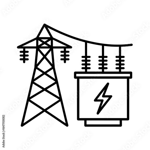 Electrical power transmission tower and transformer icon symbolizing clean energy distribution
