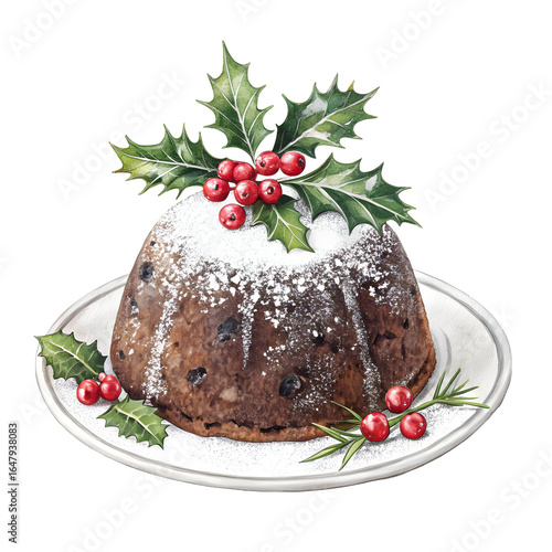Christmas Pudding Garnished with Holly and Berries isolated on transparent background