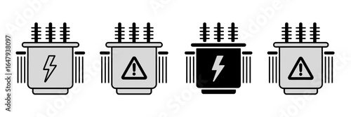 Electrical safety icons with transformer symbols in black and white for warning signs collection