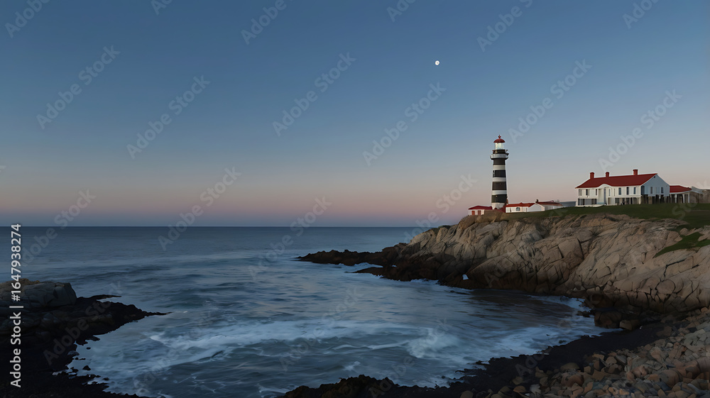 Obraz premium Photograph featuring a tall, spiral-striped lighthouse on the left side, illuminated at the top with a bright light.