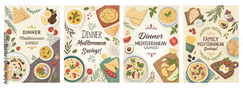 Colorful Mediterranean dinner illustrations with appetizing dishes, enhancing family meal experiences.