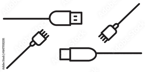 Illustration of usb cables with connectors in black and white vector format for digital usage