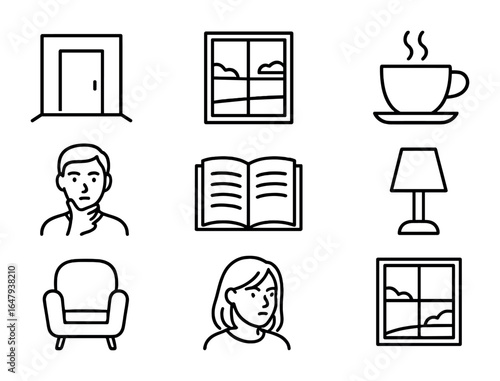 Self-Reflection Icon Set. Outline icon set of self-reflection moments: quiet room, window view, tea cup,