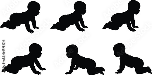 Crawling baby silhouette set in different positions, adorable infant movement stages, vector illustration for childcare, parenting, and early childhood design projects