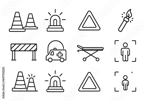 Accident Scene Icons. Outline icon set of accident scene management: traffic cones, hazard lights, warning