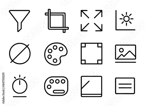 Image Editing Icons. Outline icon set of image editing and customization: filter icon, crop tool, resize