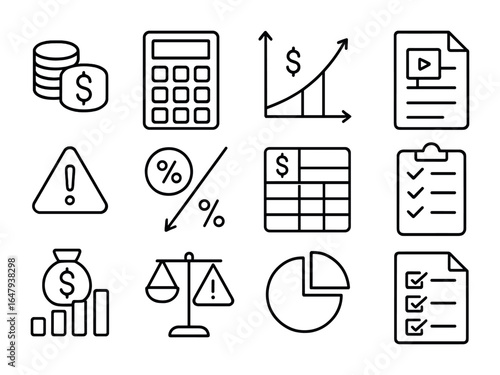 Capital Budgeting Icons. Outline icon set of capital budgeting and analysis: cash flow, NPV calculator, IRR