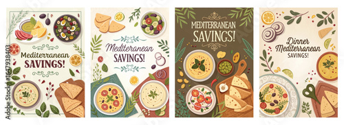 Colorful Mediterranean food illustrations featuring dishes, bread, and vibrant ingredients.