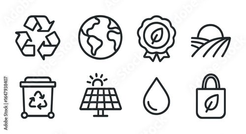Sustainable Food Icons. Outline icon set of sustainable food choices: recycling symbol, earth icon, organic