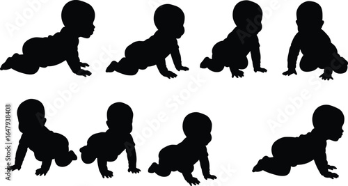 Silhouette sequence of crawling baby in different positions, infant movement stages, vector illustration for parenting, growth, child development, and childcare design