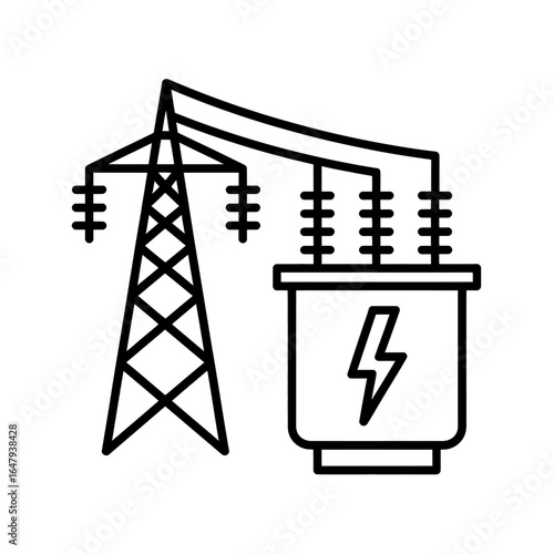 Electric grid infrastructure icon depicting power transmission and substation equipment graphic