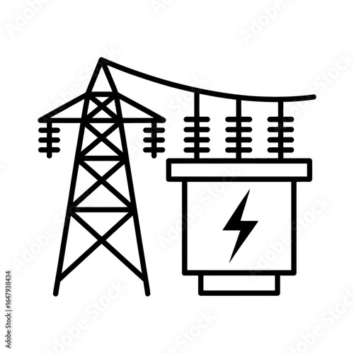 Electric grid infrastructure icon depicting power transmission and substation equipment graphic