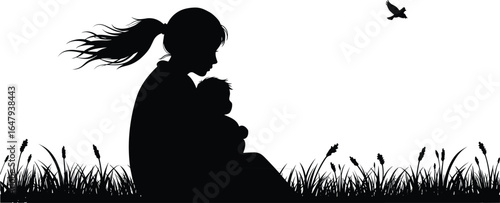 Silhouette of mother holding baby while sitting in grass, wind blowing hair, bird flying in sky, symbolizing love and care