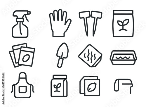 Indoor Gardening Icons. Outline icon set of indoor gardening tools: spray bottle, garden gloves, plant markers
