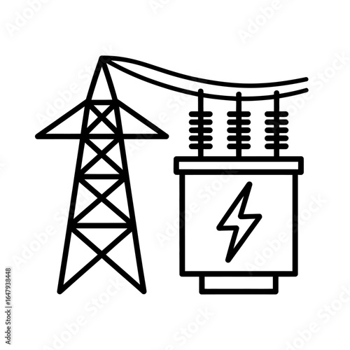 Electric grid infrastructure icon depicting power transmission and substation equipment graphic