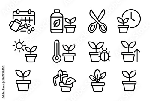 Plant Care Icons Grid. Outline icon set of plant care schedule: watering calendar, fertilizing day, pruning