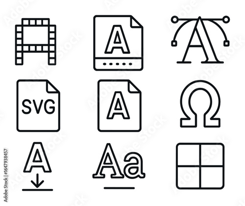 Digital Typography Icons. Outline icon set of digital typography: pixelated font, bitmap letter, vector text,