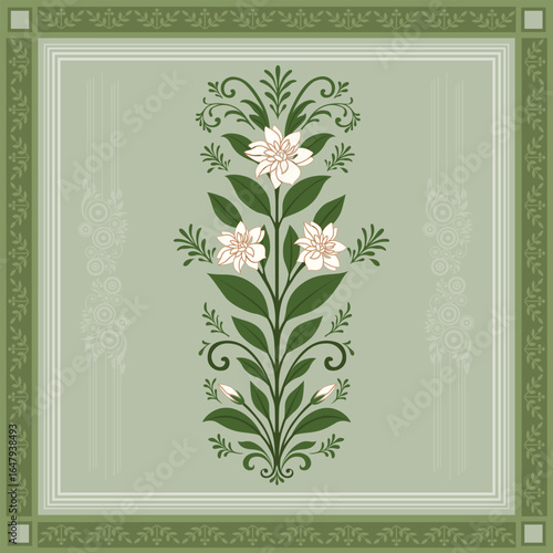 mughal Traditional Floral Motif with Ornamental Flowers. Traditional indian flower motif illustrations.

