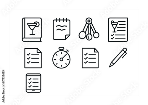 Cocktail Recipe Icons. Outline icon set of cocktail recipes and notes: recipe book, handwritten notes,