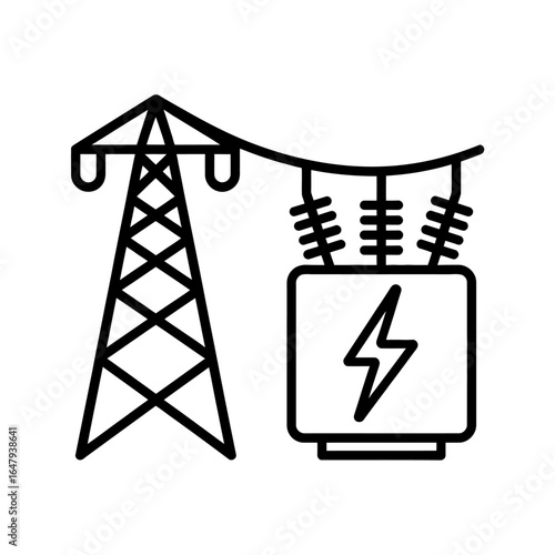 Electric power station icon with transformer and high voltage pylon for energy distribution