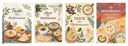 Colorful Mediterranean-themed illustrations showcasing delicious dishes and vibrant ingredients.
