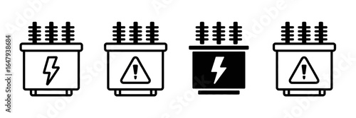 Electrical transformer icons with high voltage and danger symbols for power industry applications