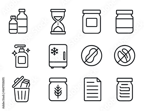 Product Safety Icons. Outline icon set of product safety and storage: sealed bottles, expiration date, labeled