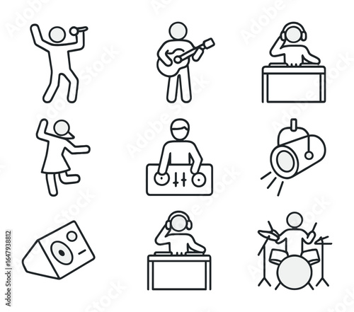 Festival Performer Icons. Outline icon set of festival performers: singer, guitarist, DJ, drummer, dancer,